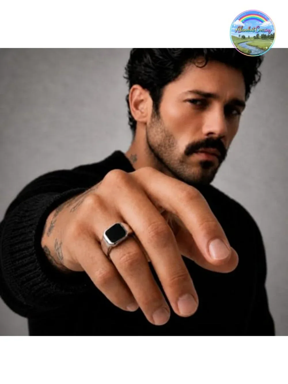 Men's Stainless Steel Signet Ring with Onyx - Modern Fashion Ring